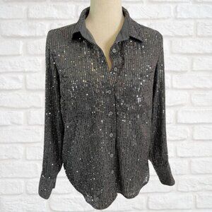 NWT Anthropologie Grey Silver Sequin Button Down Collared Shirt Size Small Glam